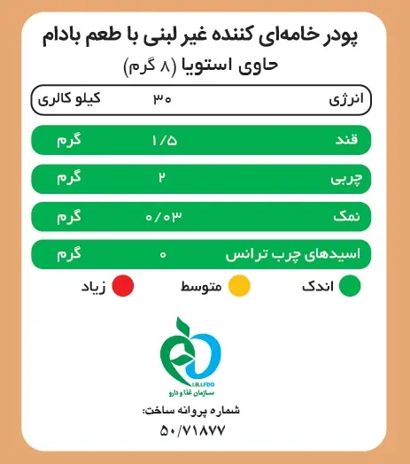 جدول ارزش غذایی کریمر غیر لبنی با پودر شیر بادام پپتینا